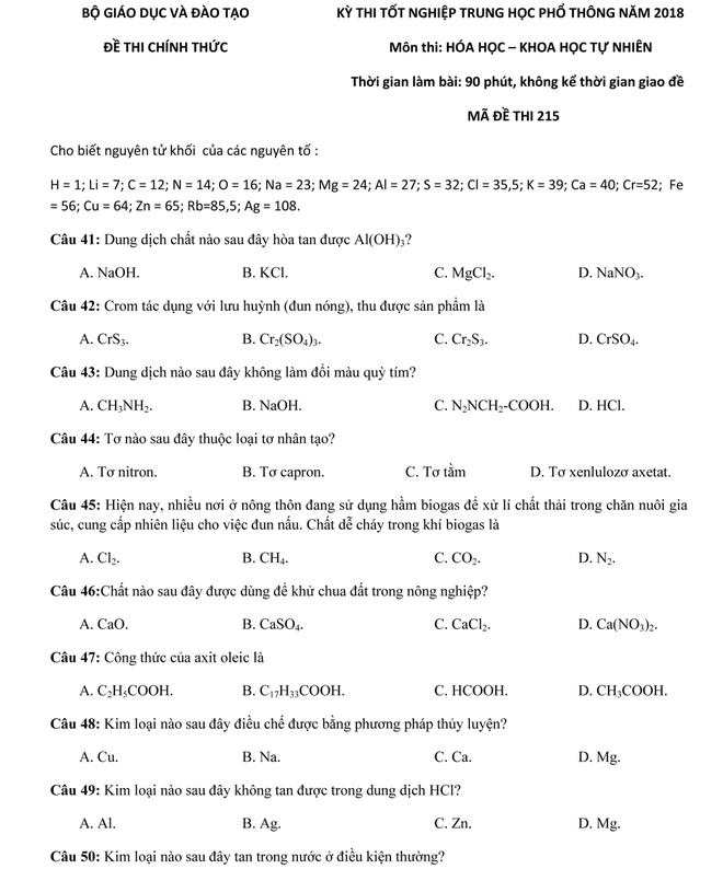 Đáp án đề thi hóa THPT quốc gia 2019 - ảnh 2