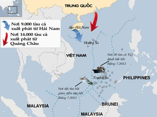 Lược đồ các địa điểm hoạt động của tàu Trung Quốc trong thời gian gần đây