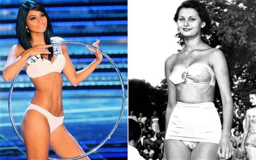 Thí sinh Ambra Battilana mặc bikini hai mảnh trong Miss Italia 2010 và người đẹp Sophia Loren trong bộ bikini cổ điển hồi năm 1950 - Ảnh: AFP