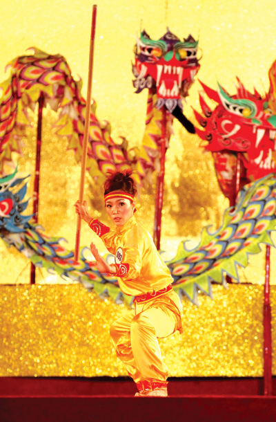 Châu Nữ Hoài Vân thực hiện bài võ cổ truyền với côn, rất dũng mãnh nhưng vẫn không mất nét nữ tính của thiếu nữ vùng đất võ Bình Định