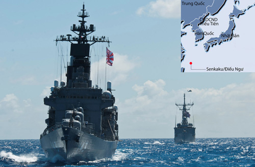 Tàu chiến Nhật, Mỹ trong một cuộc tập trận chung và vị trí nhóm đảo Senkaku/Điếu Ngư (ảnh nhỏ) - Ảnh: Navy.mil -  Đồ họa: Du Sơn