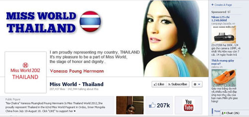 Hình chụp trên Facebook của Hoa hậu Thái Lan do Miss World 2012 chính thức lập ra