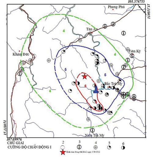 Sơ đồ đường đẳng chấn động mạnh 4,2 độ Richter xảy ra tối 3.9.2012 - Nguồn: Trung tâm Báo tin động đất và cảnh báo sóng thần