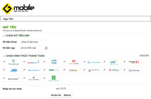 Giao diện của trang dịch vụ nạp tiền trực tuyến của Gmobile