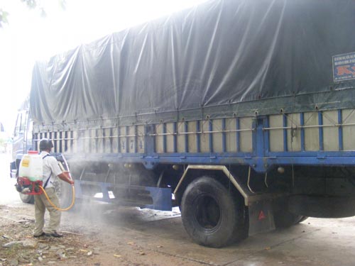 Lực lượng thú y phun hóa chất xử lý dòi và mùi thối bốc ra từ xe vận chuyển xương động vật