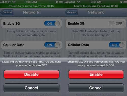 Thông báo tắt cuộc gọi 3G FaceTime trên iOS 5.1.1 