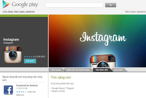 Instagram; Android; Google; Nexus 7; máy tính bảng Google; Facebook; mạng xã hội