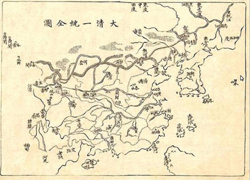 Bản đồ của Trung Quốc đến đầu thế kỷ 20 chỉ vẽ lãnh thổ đến đảo Hải Nam - Ảnh: Đại Thanh nhất thống toàn đồ xuất bản năm 1894 với đảo nhỏ phía dưới là Hải Nam, gần đó bên trái là Giao Chỉ (VN) - Nguồn: Biengioilanhtho.gov.vn