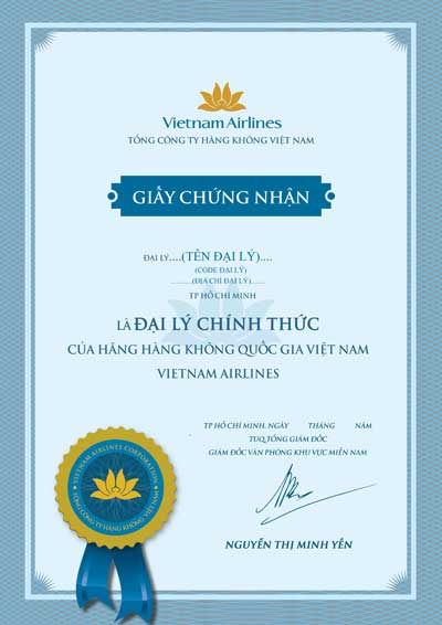 Giấy chứng nhận là đại lý chính thức của Vietnam Airlines