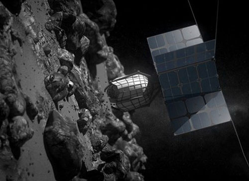 Đồ họa mô phỏng hoạt động thu thập khoáng sản trên tiểu hành tinh của tàu Dragonfly - Ảnh: Los Angeles Times