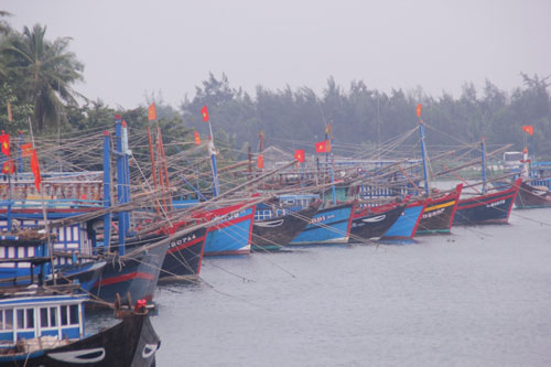 Ngư dân Tam Tiến (H.Núi Thành, Quảng Nam) đưa tàu bè vào nơi neo đậu tránh bão