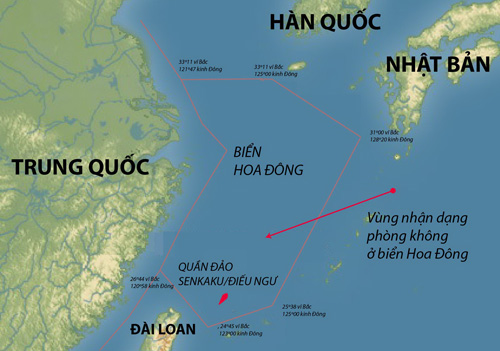 Bản đồ Vùng nhận dạng phòng không ở biển Hoa Đông của Trung Quốc - Đồ họa: Sơn Duân