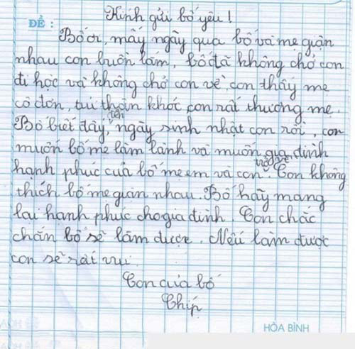 Bức thư của một học sinh lớp 3 gửi bố để mong bố mẹ đừng giận nhau d