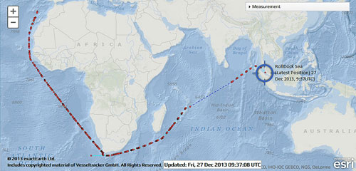Con đường tàu Rolldock Sea từ Đại Tây Dương qua Ấn Độ Dương và vào eo Malacca đến thời điểm 17 giờ 37 phút ngày 27.12 (giờ Singapore, tức 16 giờ 37 phút giờ VN) - Ảnh: exactEarth cung cấp
