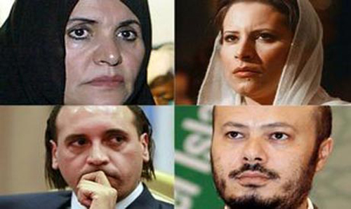 (Theo chiều kim đồng hồ) Bốn thành viên của nhà Gaddafi: bà Safiya, con gái Aisha, con cả Mohammed, và Hannibal 