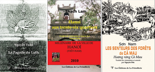 Ảnh bìa 3 cuốn: Chùa Đàn, Hà Nội 36 phố phường, Hương rừng Cà Mau bản tiếng Pháp do Nguyên Đức chuyển ngữ, NXB La Fremillerie ấn hành 