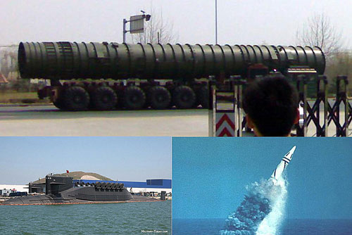 Những hình ảnh được cho là của tên lửa DF-41 (trên), tàu ngầm lớp Tấn 094 (dưới, trái) và tên lửa JL-2