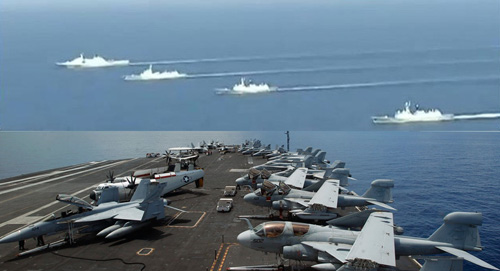 Tàu chiến Trung Quốc (ảnh trên) và tàu sân bay USS Nimitz ở biển Đông