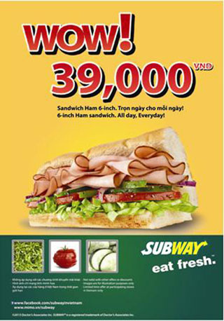 Cùng Wow với Subway với giá chỉ 39.000VND - trọn ngày cho mỗi ngày 2