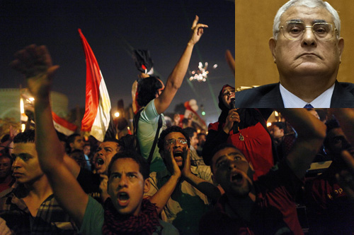 Người biểu tình vui mừng khi Tổng thống tạm quyền Adly Mansour (ảnh nhỏ) tuyên thệ nhậm chức - d