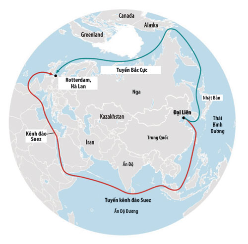 Lược đồ so sánh tuyến Bắc Cực và tuyến kênh đào Suez từ Đại Liên đến Rotterdam - d