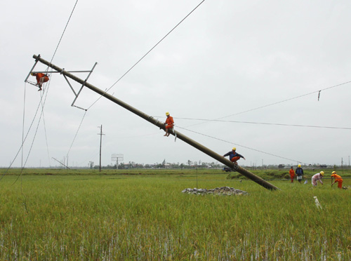 Công nhân ngành điện lực tỉnh Quảng Trị khắc phục sự cố lưới điện sau bão