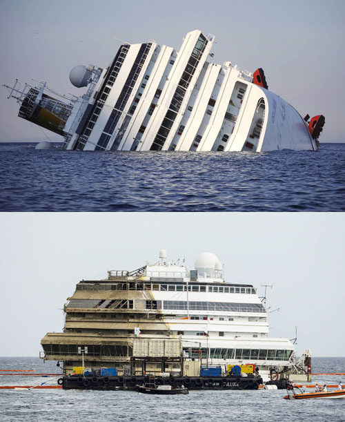 Costa Concordia được dựng thẳng sau gần 2 năm lật nghiêng - d