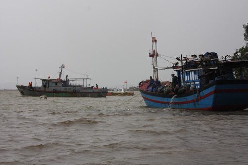 Thuyền gặp nạn của ông Nguyễn Viết Chinh cùng 10 ngư dân được đưa vào bờ an toàn - d