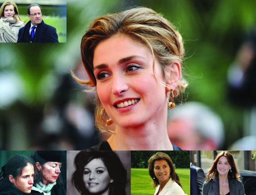 Kiều nữ Julie Gayet (ảnh lớn) và Tổng thống Francois Hollande cùng bà Valerie Trierweiler (ảnh trên) - Hàng dưới (từ trái sang phải): bà Anne Pingeot cùng con gái ngoài giá thú của Tổng thống Mitterrand, Mazarine; người tình Claudia Cardinale của Tổng thống Chirac; vợ hai và vợ ba của Tổng thống Sarkozy, Cecilia Ciganer-Albeniz và Carla Bruni - Ảnh: AFP