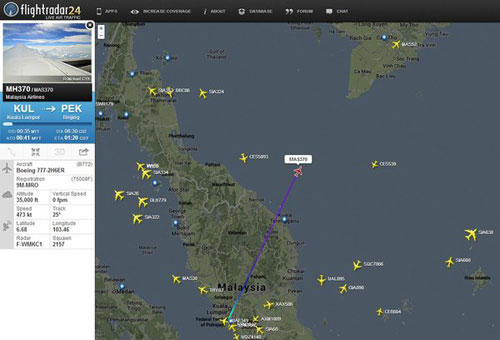 Hướng đi của chiếc máy bay bị mất tích thuộc hãng hàng không Malaysia Airlines - Ảnh: AFP 