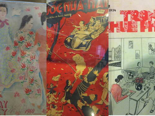 Tramg bìa một số tờ báo quốc ngữ xưa được trưng bày tại triển lãm - Ảnh: Trinh Nguyễn