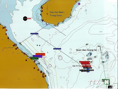 Sơ đồ thể hiện đường di chuyển của giàn khoan Hải Dương-981đến rạng sáng ngày 16/7 - Nguồn: TTXVN