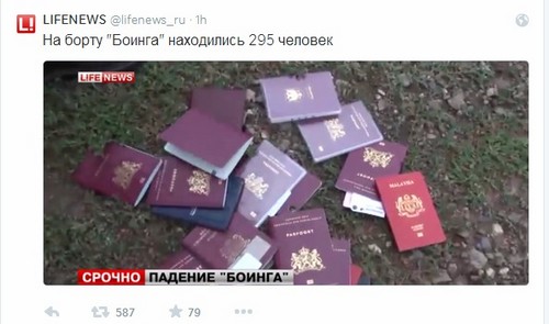 Hãng tin Lifenews.ru liên tục chia sẻ trên mạng xã hội Twitter về hình ảnh hành lý văng xa, hộ chiếu rơi vãi và xác người nằm la liệt ở khu vực máy bay MH17 rơi