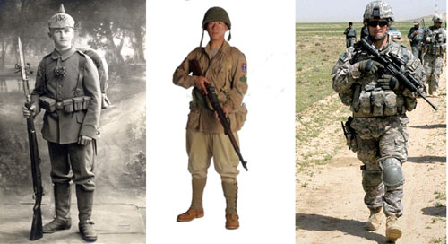 Từ trái sang: Hình ảnh binh sĩ trong Thế chiến 1, Thế chiến 2 và hiện nay - Ảnh: TL