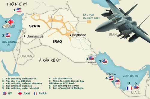 Lược đồ bố trí các lực lượng Mỹ và đồng minh xung quanh Iraq và Syria - Đồ họa: S.D