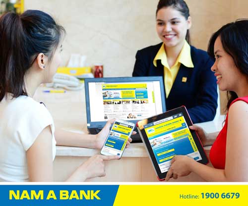 Khách hàng sử dụng giao diện tùy ứng Nam A Bank trên các thiết bị như laptop, ipad, smart phone,…