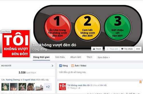 Fanpage cam kết “Tôi không vượt đèn đỏ” được thành lập trên mạng xã hội Facebook - Ảnh: Nguyễn Tuấn