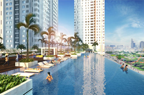 Hồ bơi tràn tọa lạc tại tầng 5 của dự án Sunrise City – Central Towers đang dần được hoàn thiện mỗi ngày