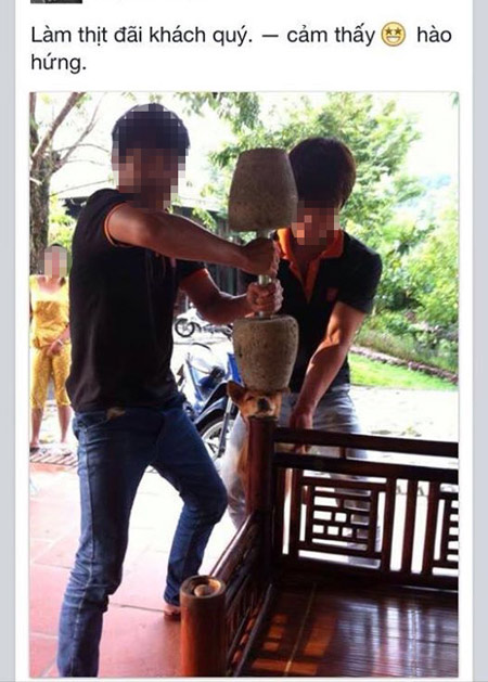 Facebook Hoa Phu Thanh đăng hình dùng cục tạ bê tông đập đầu con chó ngày 2.11 với chú thích "làm thịt đãi khách quý", trước đó bức hình này được facebook T.M đăng ngày 16.10