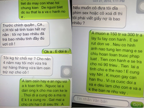 Tin nhắn giữa bà Hằng và ông Bình khẳng định chuyện tiền bạc và tình cảm gữa hai người đã được gửi đến lãnh đạo ủy ban kiểm tra tỉnh ủy Bình Thuận - Ảnh chụp lại từ điện thoại của bà Hằng