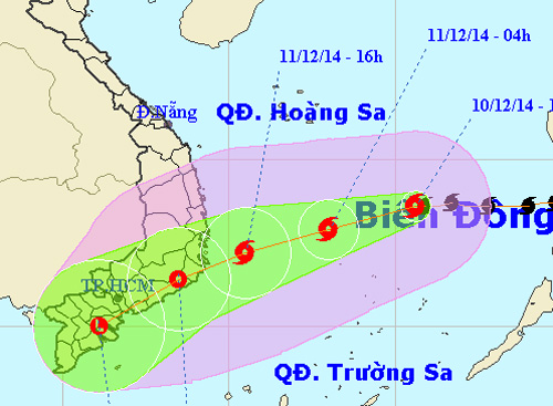 Bản đồ dự báo hướng di chuyển của bão Hagupit - Nguồn: Trung tâm dự báo khí tượng thủy văn T.Ư