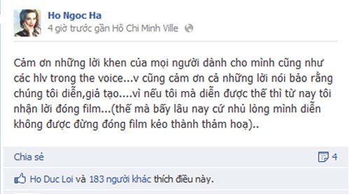 Nội dung status mà Hồ Ngọc Hà đã viết - Ảnh: facebook HNH