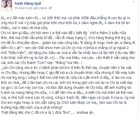 Hồng Quế - Andrea ‘khẩu chiến’ vì tiền