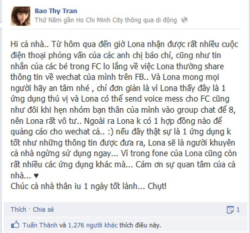 Nghi &aacute;n Bảo Thy l&agrave; gương mặt đại diện của WeChat tại Việt Nam