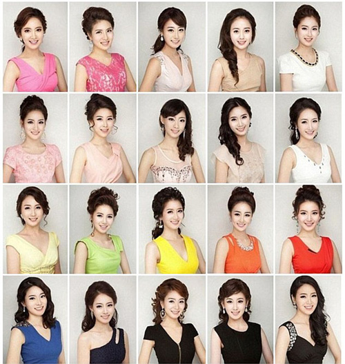 Bức ảnh chụp chân dung 20 thí sinh lọt vào vòng chung kết Hoa hậu Hàn Quốc 2013 có gương mặt, nụ cười, nước da giống nhau