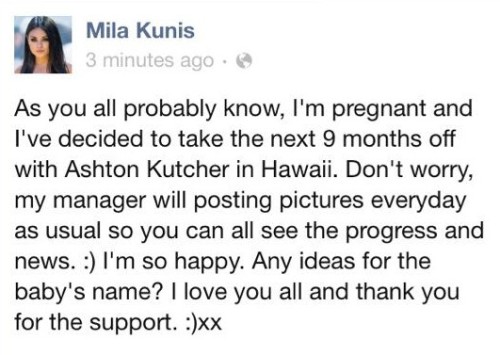 Mila Kunis thông báo mang thai với Ashton Kutcher