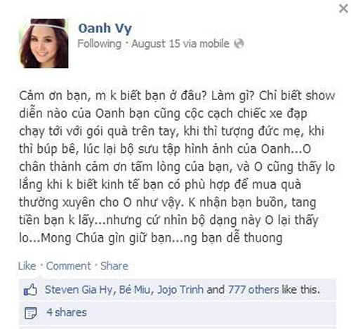  Vy Oanh chia sẻ trên trang Facebook cá nhân