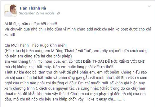 Phát ngôn sốc nhất tuần: Trấn Thành và đàn chị Thanh Thảo Hugo khẩu chiến trên Facebook 4