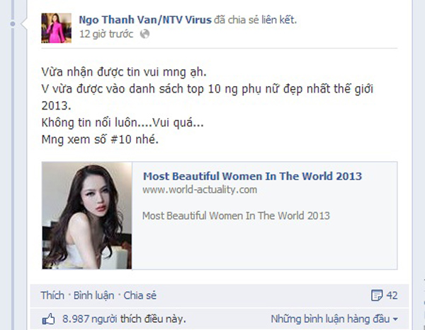 Ngay sau biết được thông tin, Ngô Thanh Vân đã đăng tải trên trang cá nhân để chia vui cùng fan