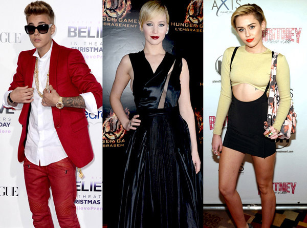 Jennifer Lawrence, Miley Cyrus, Justin Bieber  thành đạt nhất thế giới